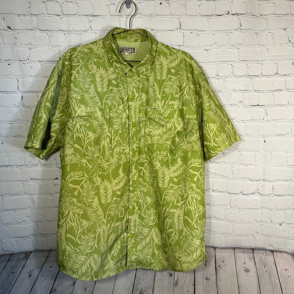 Duluth Trading Co Action XL Green Tropical Leaf Coolplus Fishing‎ Shirt 60614